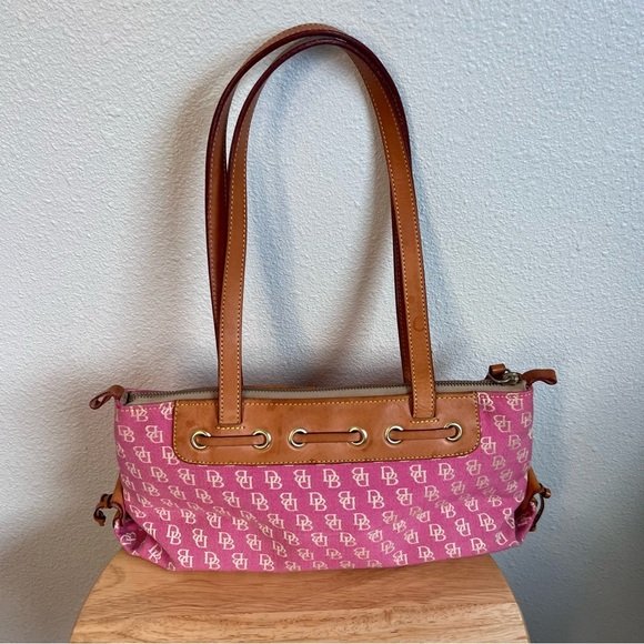 Vintage Dooney & Bourke Pink Monogram Satchel Canvas Tassel Handbag - Picture 5 of 15